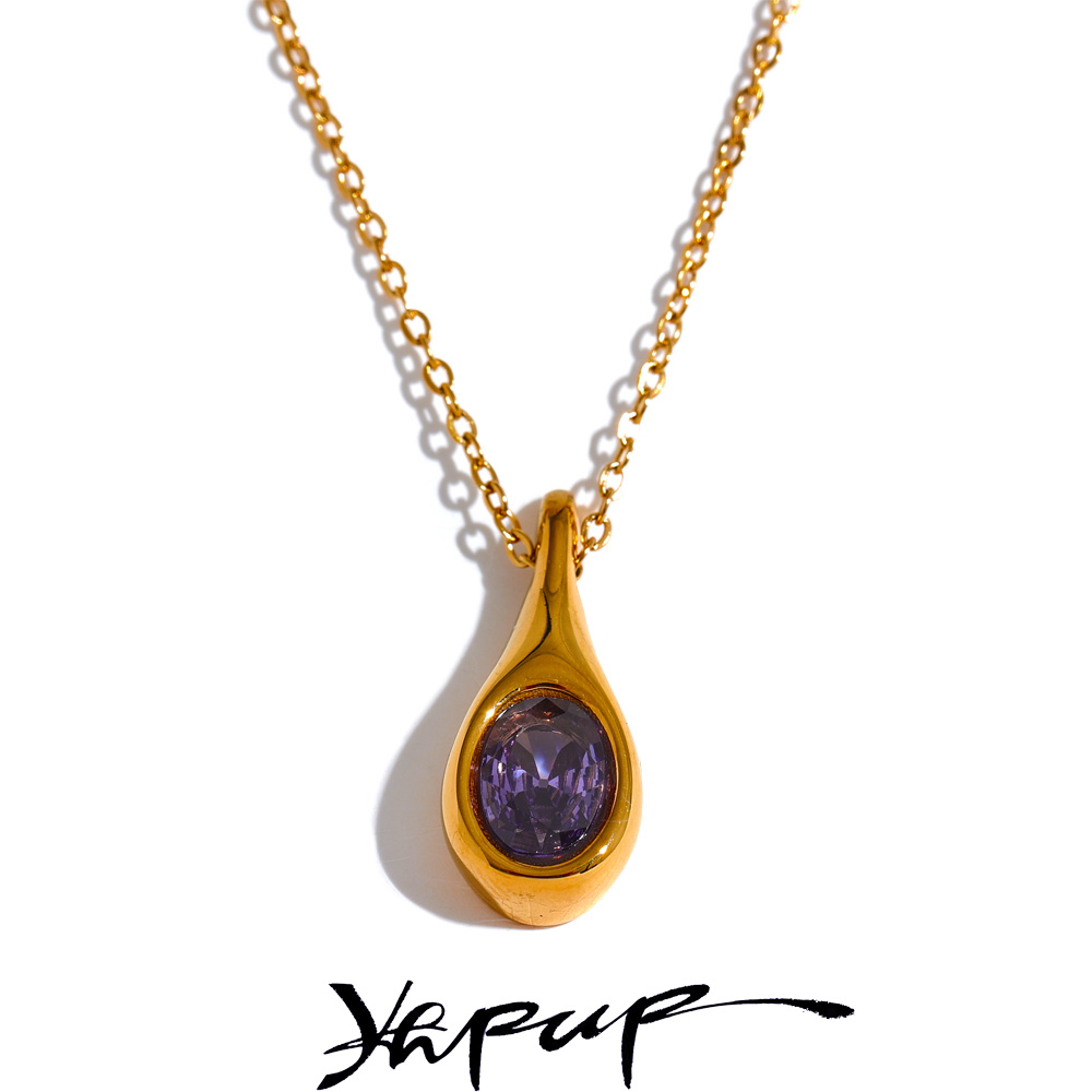 Yhpup paarse zirconia roestvrij staal waterdruppel CZ hanger mode ketting delicate vrouwen chique sieraden cadeau