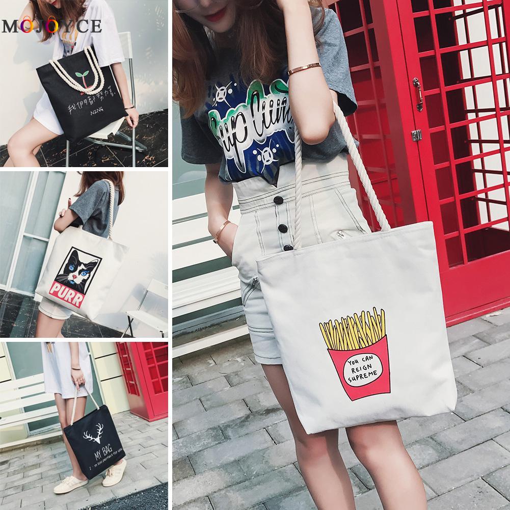 Women Canvas Casual Handbags Shoulder Bags Portable Cat Print Shopping Bag