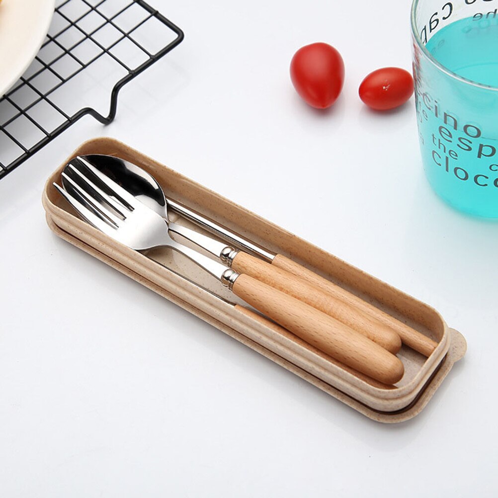 3PCS Stainless Steel Flatware Tableware Cutlery Set with Beech Handle Include Fork Spoon Chopsticks Case