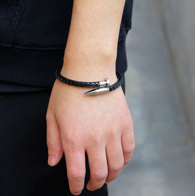 Sort læder reb rustfrit stål søm armbånd til kvinder mænd charm mandlige armbånd