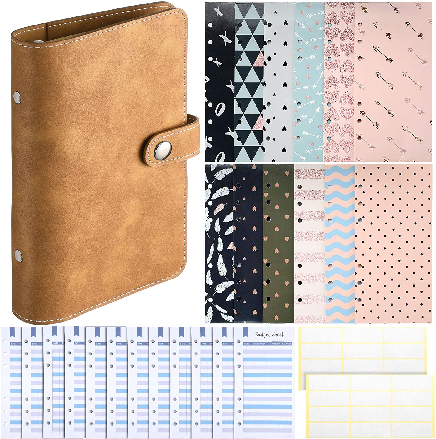 49Pcs A6 Pu Lederen Notebook Bindmiddel Omvat 6 Ringen Bindmiddel Cover,12 Budget Enveloppen Systeem, kosten Budget Lakens En 24 Labels: Brown