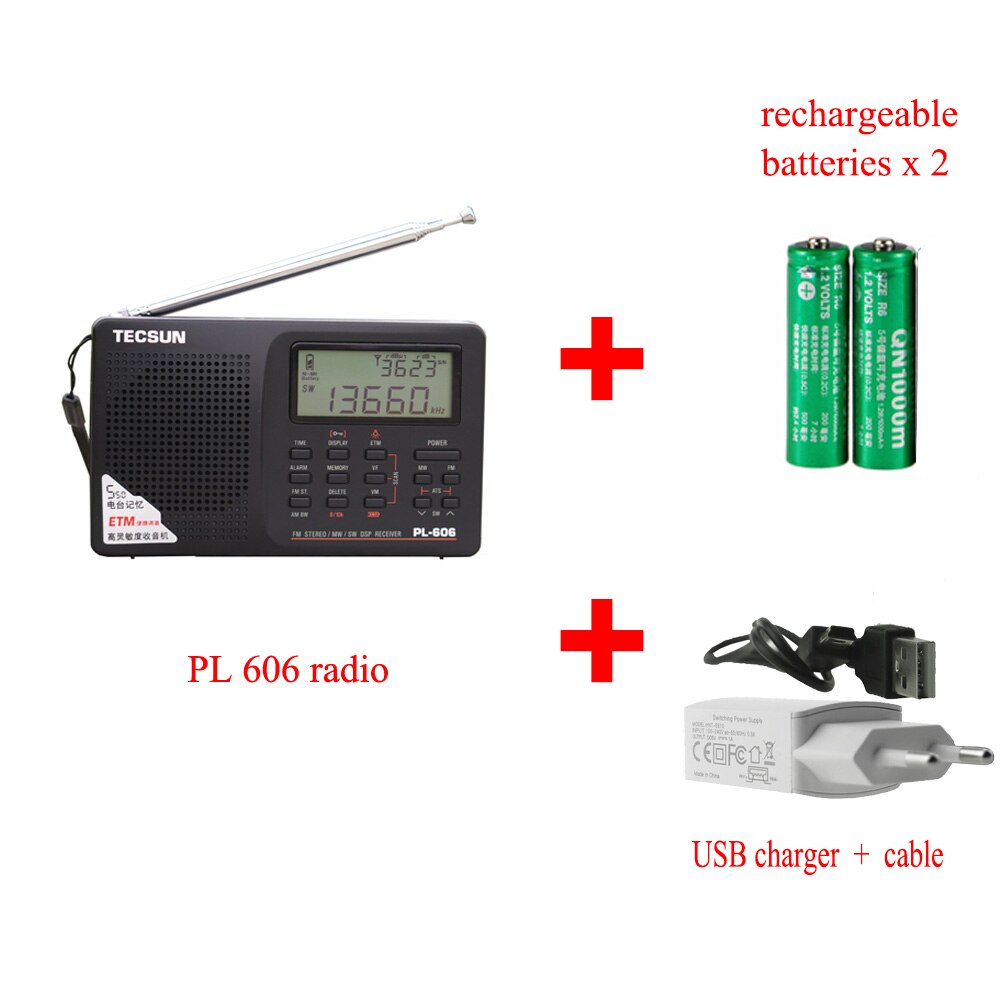 Tecsun PL-606 Digital PLL Portable Radio FM Stereo/LW/SW/MW DSP Receiver Internet Radio FM:64-108 MHz/LW: 153-513 kHz Radio: Black USB Set