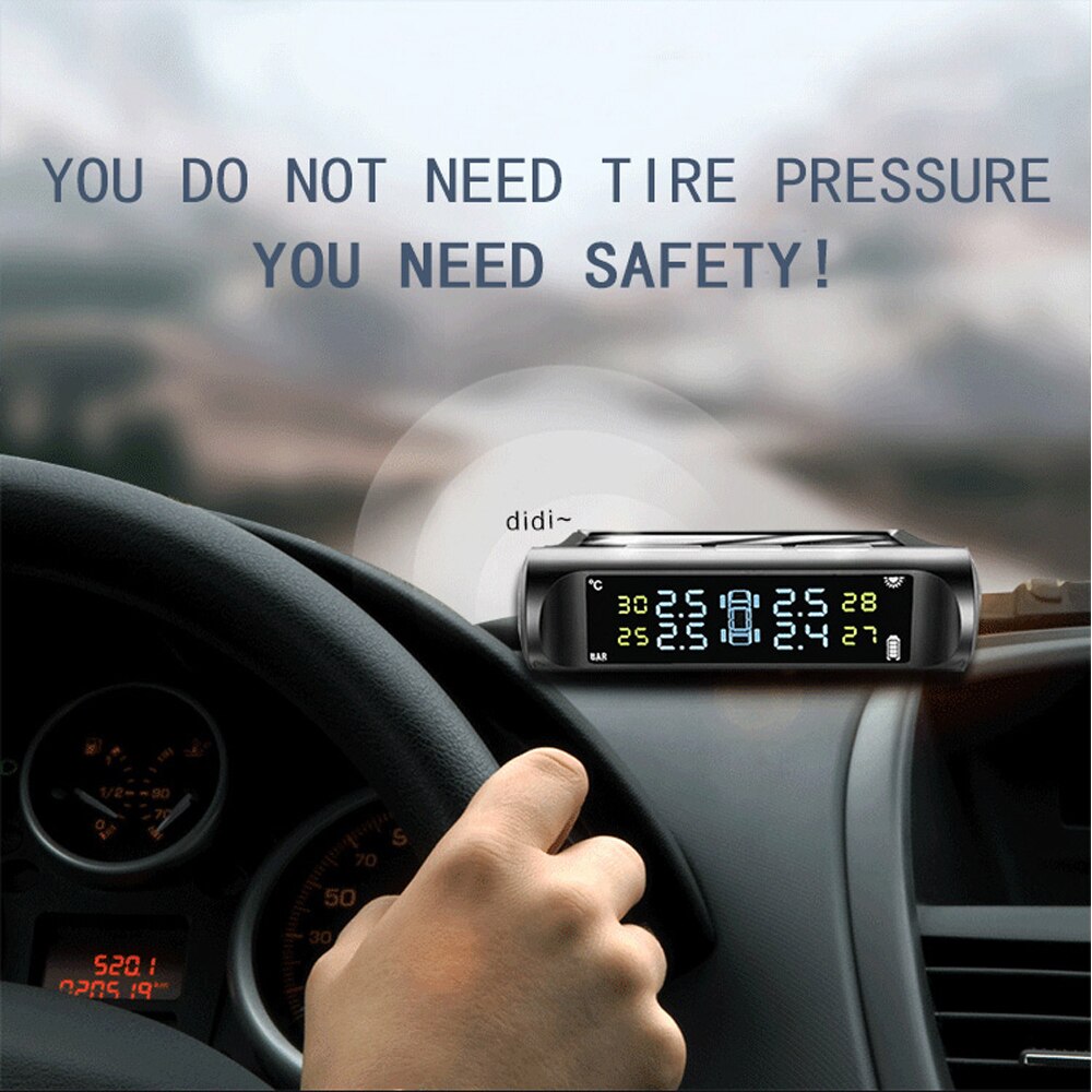 Voice Announcements LCD Tire Pressure Alarm Monitoring System Tyre Temperature Warning Digiral Smart Car TMPS USB & Solar Power