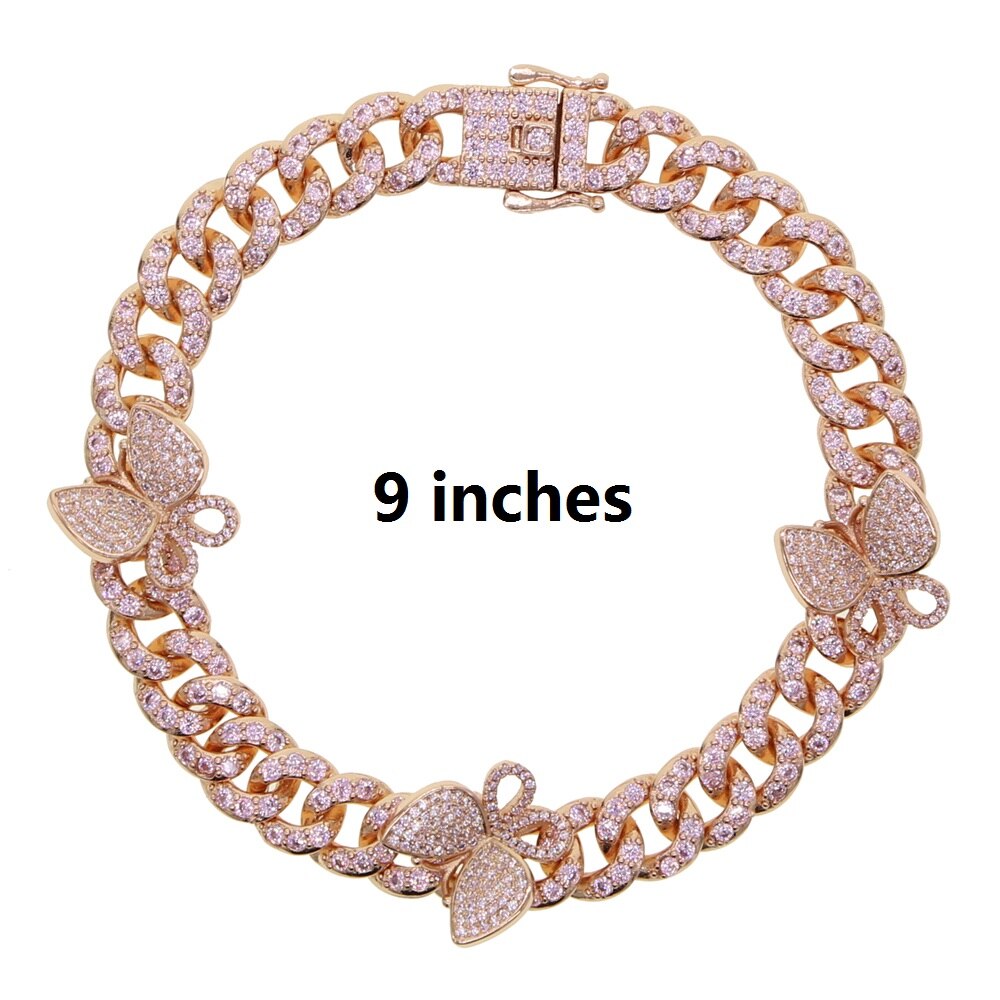 10Mm Breedte Micro Pave Cz Cubaanse Link Enkelbandje Leuke Vlinder 9Inch 10Inch Iced Out Bling Cz Miami cubaanse Enkelbandje Voet Been Sieraden: rose gold pink 23CM