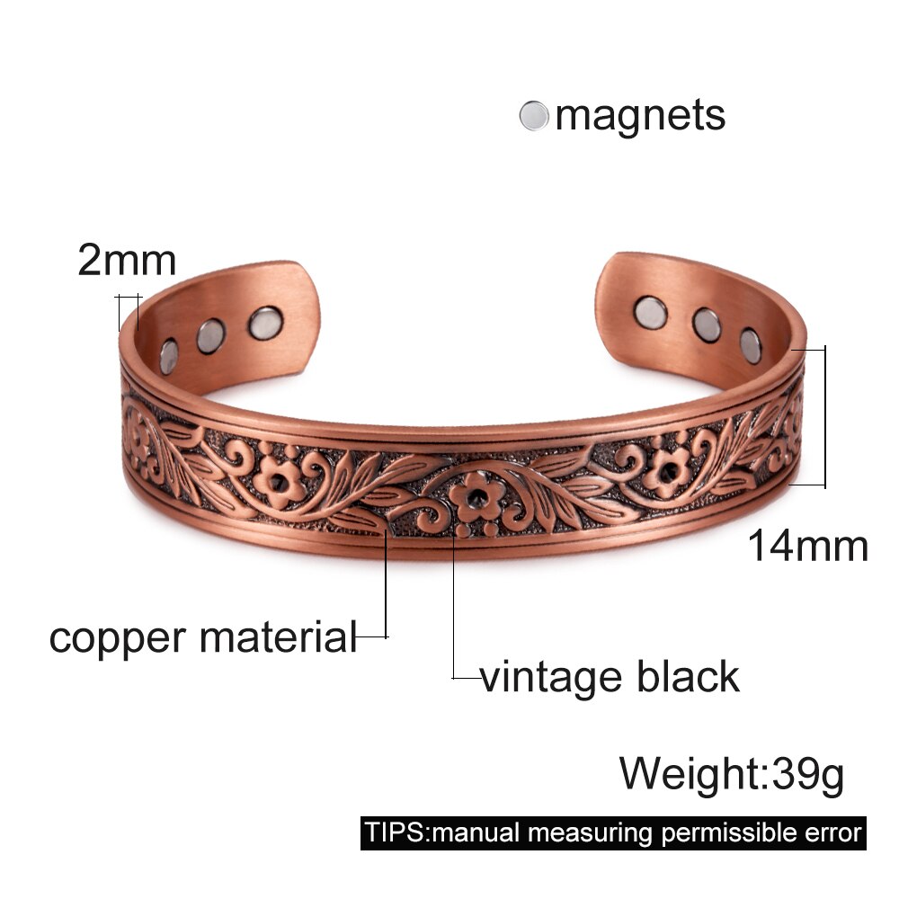 Vinterly magnetisk kobber armbånd menn bred helse energi magnet helse armbånd blomst justerbar mansjett kobber armbånd for kvinner