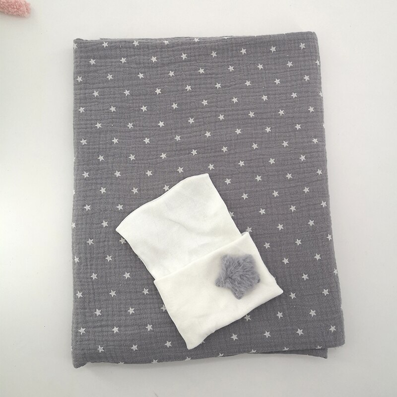 0-3 Maand Nebworn Baby Dekens Hoed Set Zachte Baby Meisjes Ontvangen Inbakeren Deken Mousseline Katoen Stof 4 Layer: gray1