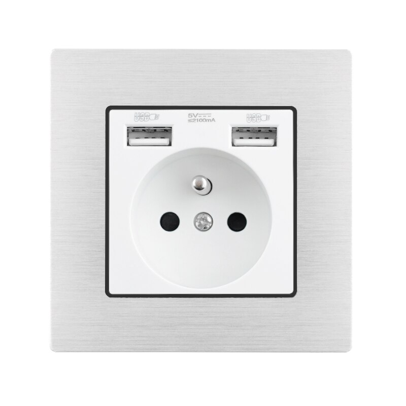 16A Socket Power Outlet EU France Standard Dual USB Outlet Port 5V 2.1A Wall Charger Adapter LED Indicator Aluminum Metal Panel: France Standard