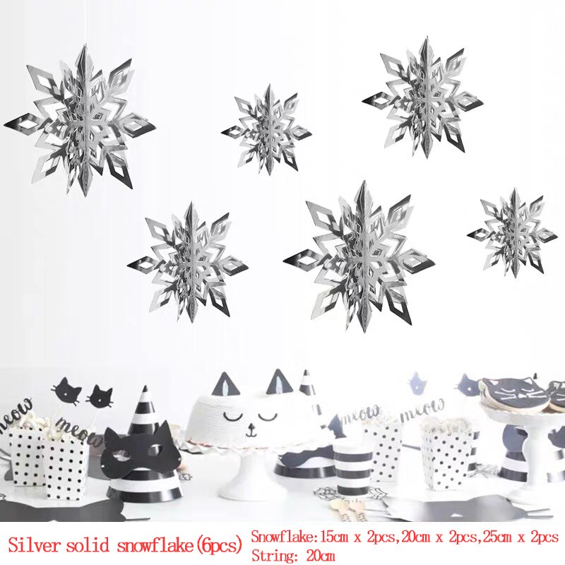 Large Cardboard Three-Dimensional Snowflake Hanging Ornaments 6 Piece Set Year Christmas Party Decoration Supplies: 6pcs Silver