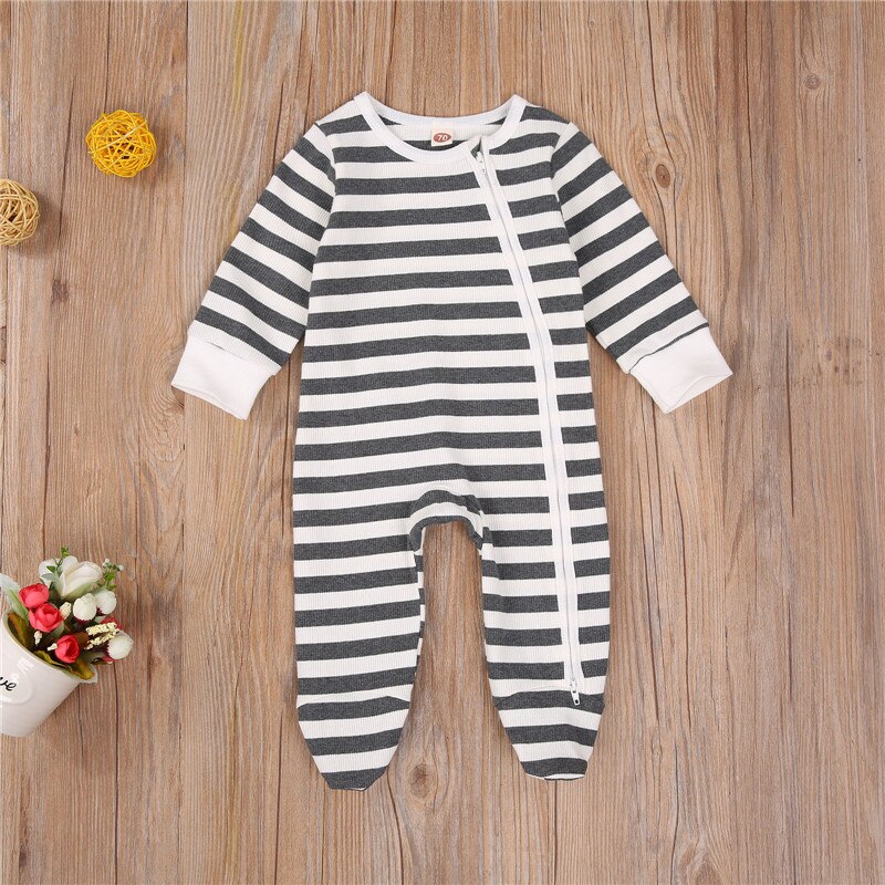 Baby Jongen Meisje Pasgeboren Voet Wrap Romper Streep Afdrukken Schuine Rits Sluiting Klassieke Toevallige Jumpsuit Ronde Hals Herfst Pyjama: Grijs / -70