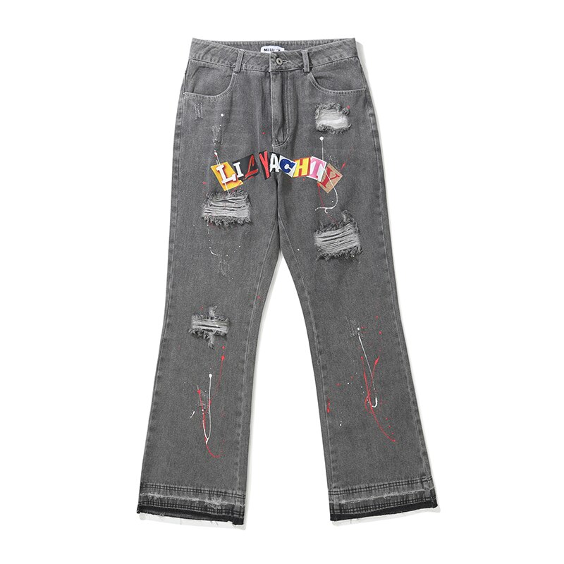 Pantalones vaqueros desgastados con estampado de salpicaduras para hombre y mujer, ropa de calle de retales de Hip Hop, corte de bota, lavado pesado, rasgados, ajustados: Gris oscuro / Asian L