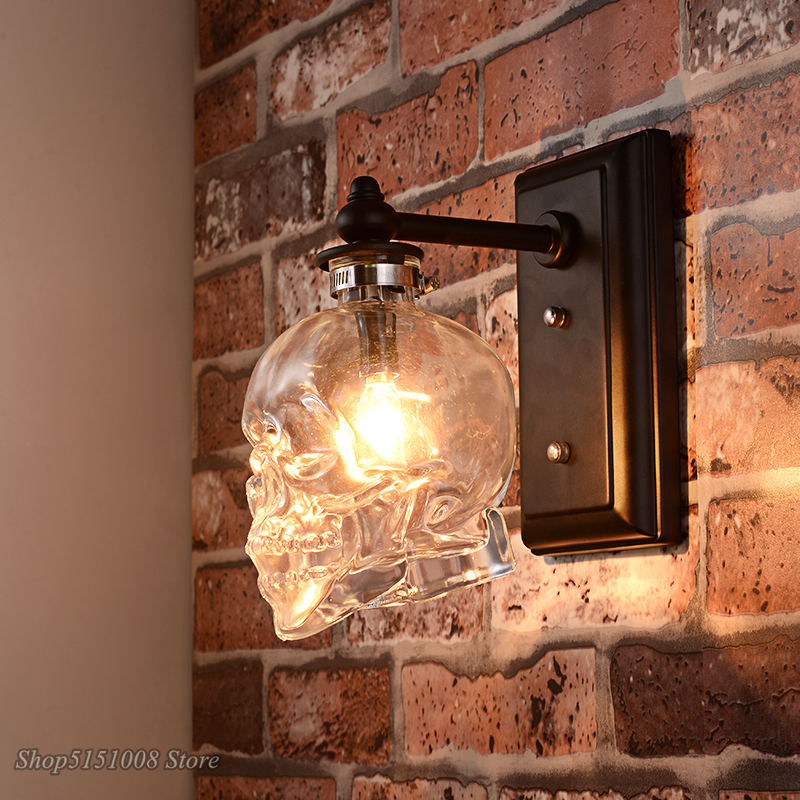 Applique murale rétro en forme d'os de crâne, appliques Loft, bouteille en verre transparent, art mural, luminaires pour salle à manger, bar, décoration intérieure industrielle