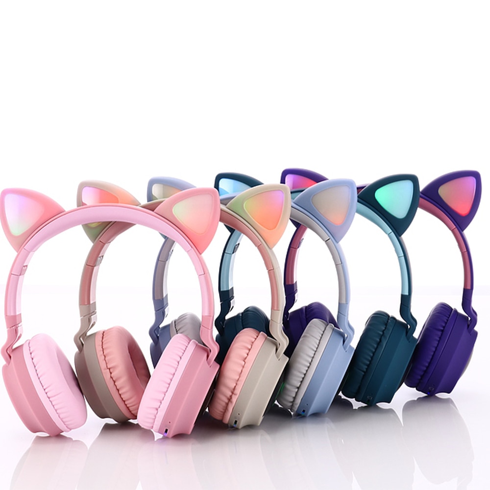 Auriculares inalámbricos con luz LED para teléfono móvil, audífonos con Bluetooth 5,0, auriculares de música estéreo para chica e hija, PC, Oreja de Gato