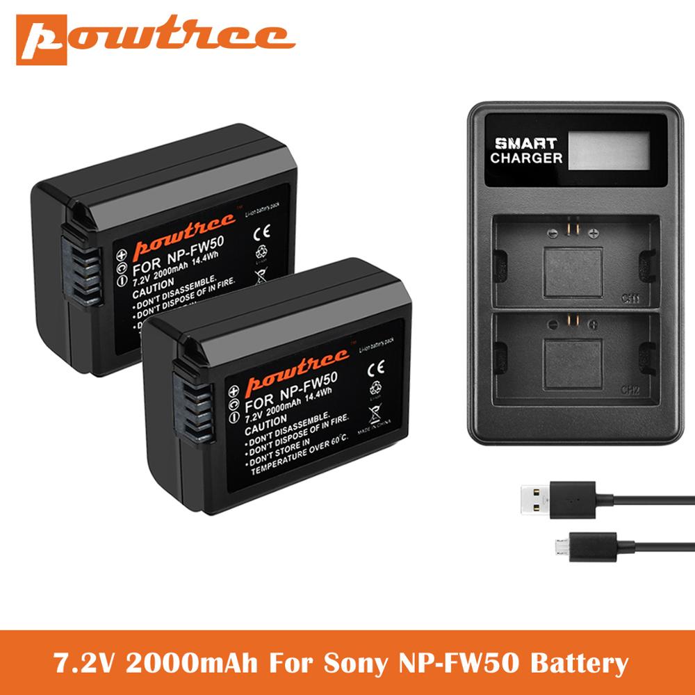 2000 mah np -fw50 batteri+lcd dobbelt oplader til sony alpha  a6500 a6300 a6000, a7s, a7, a7s ii , a7s, a5100, a5000, a7r, a7 ii kamera: 2x batterioplader