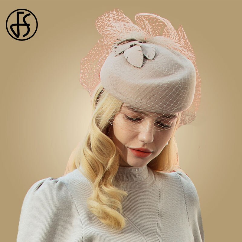 FS Vintage Wool French Beret Hats For Women Fedora With Veils Camel Felt Hats Winter Ladies Wedding Church Pillbox Hat