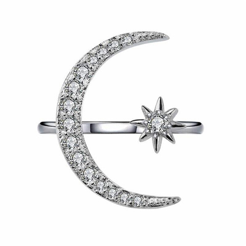 Skinnende ring halvmåne & lille stjerne blændende justerbar åben fingerring ringe i enkel stil til kvinder: Sølv