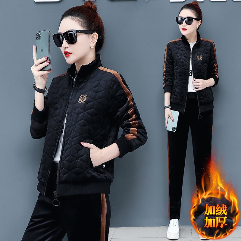 Autumn winter women velvet tracksuits two piece set large size zipper coat+pants womens plus size velour sets clothing 4XL: Black / XL