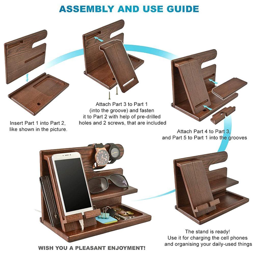 1pcs Wood Phone Docking Station Home Office Storage Supplies Multifunctional Desktop Mobile Phone Holder Easy To Assemble