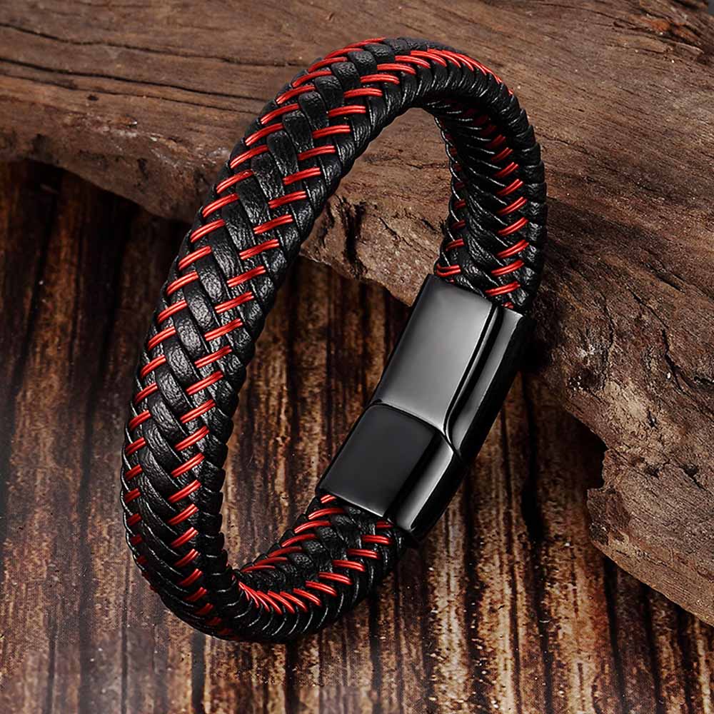 Trendy herre smykker rødt flettet læder reb armbånd sort magnetisk spænde armbånd punk armbånd herre