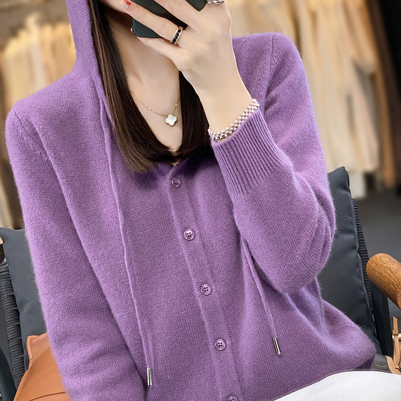 2025 novos cardigans de lã penteado camisola com capuz feminino manga longa malha outerwear senhora roupas de malha topos moda tendência casual: L / ROXO