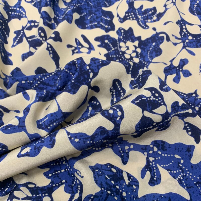 140cm brede 19mm blå trykk beige silke crepe de chine stoff til sommerkjole skjorte cheongsam dressbukser  g053