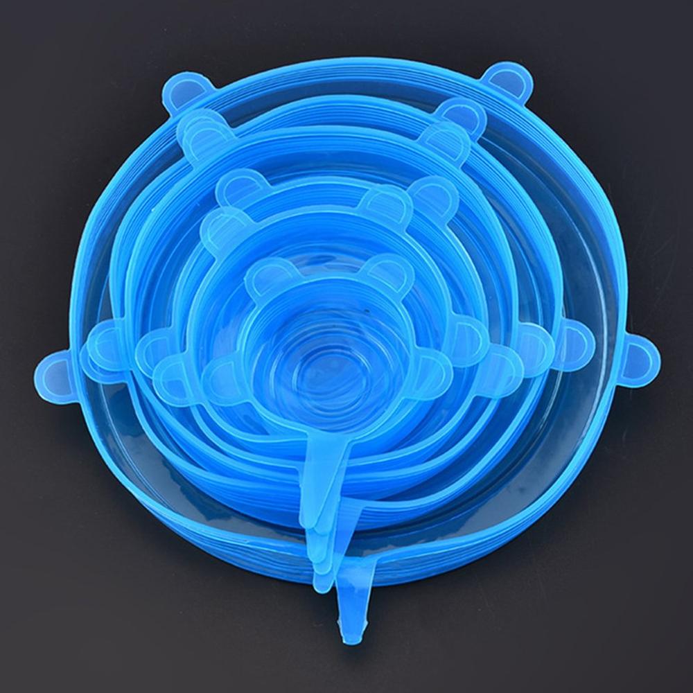 6 stuks herbruikbare siliconen rekdeksels universele deksel siliconen voedselfolie kom pot deksel siliconen deksel pan koken keuken stoppers: Blauw