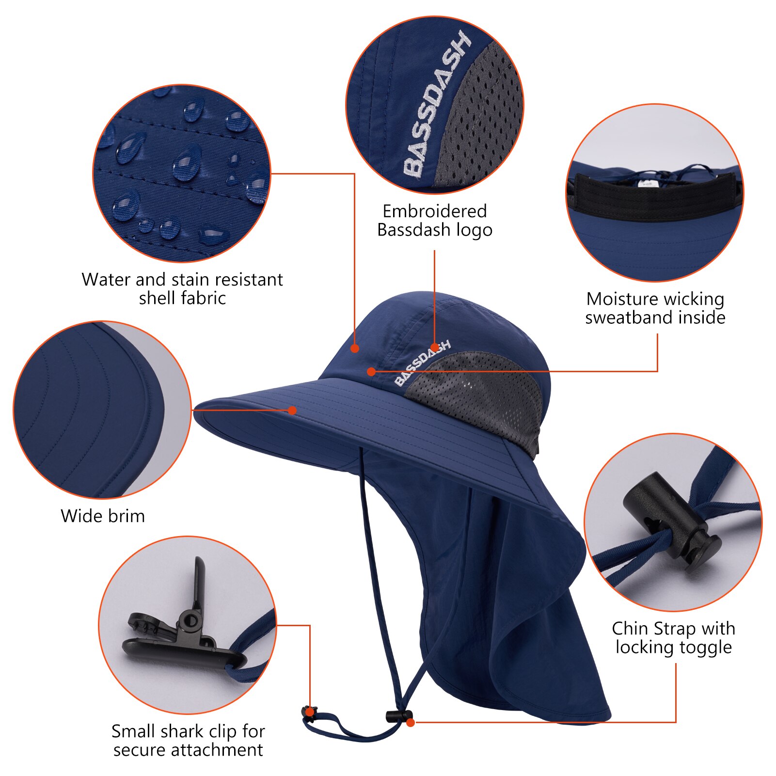 Bassdash UPF 50 + Unisex, sombrero de Sol de ala ancha resistente al agua con solapa de cuello grande, gorro de pesca con cola de caballo para hombres y mujeres