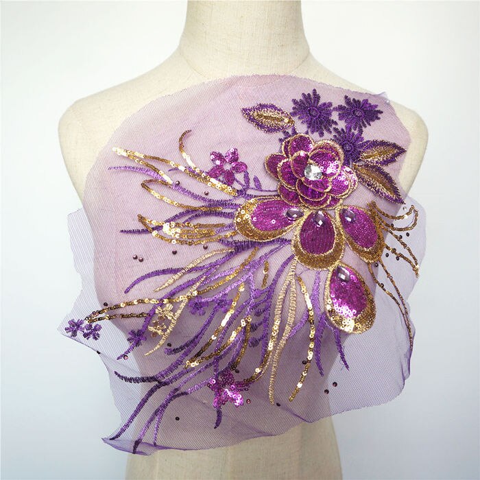 Gouden pailletten 3d bloemen kwastjes kantversieringen strass mesh naai-patches borduurwerk voor bruiloft applicaties decoratie doe-het-zelf: Paars