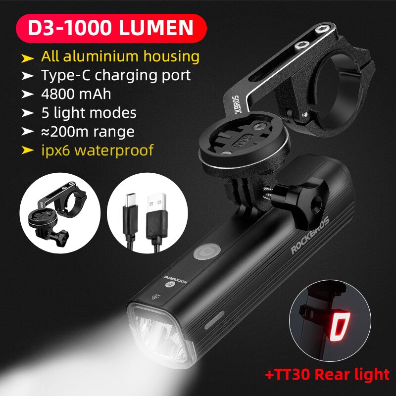 Rockbros cykellygte til gopro holder igs lysholder 1000 lumen cykellygte 4800 mah cykel forlygte flash cykellygter: D3-1000 tt timer