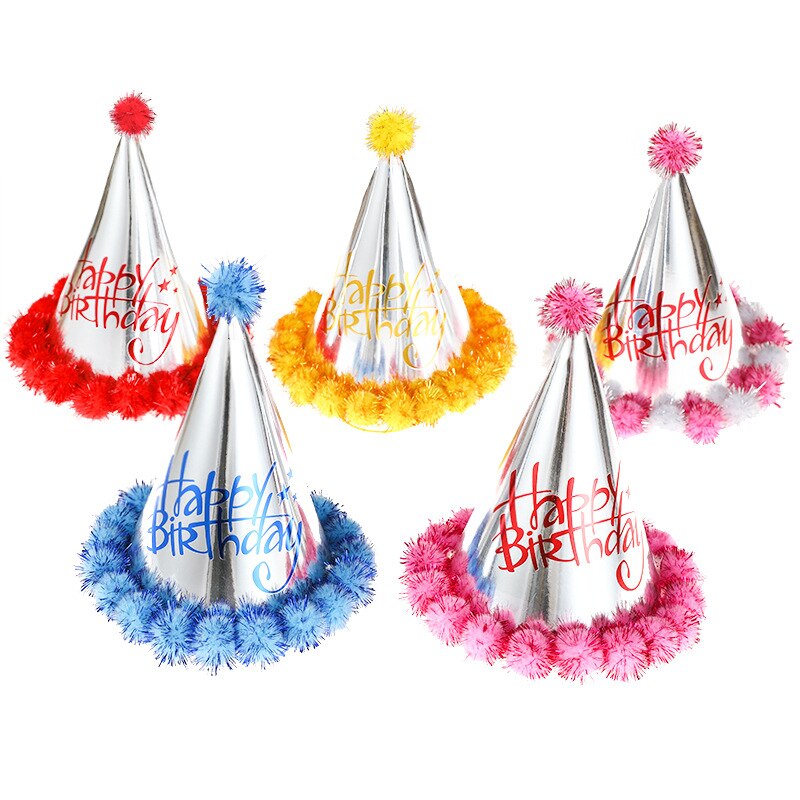 2pcs Birthday Cap Baby Kid Birthday Party Hat Child Crown Decoration Pompon Cap silver Birthday Hat Party decoration supplies