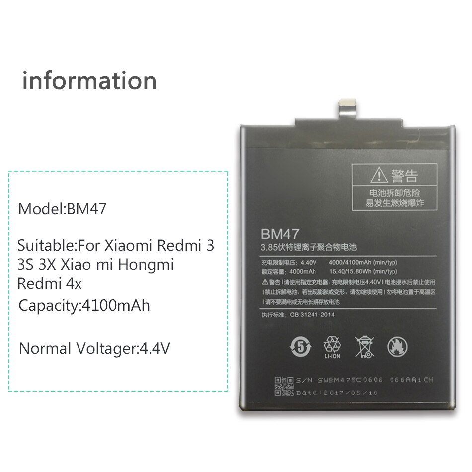 Batterij BM47 Voor Xiaomi Redmi 3 3s 4x 3pro Hongmi 3 3s 4x4100 mAh BM 47 BM47 Vervangende Batterij