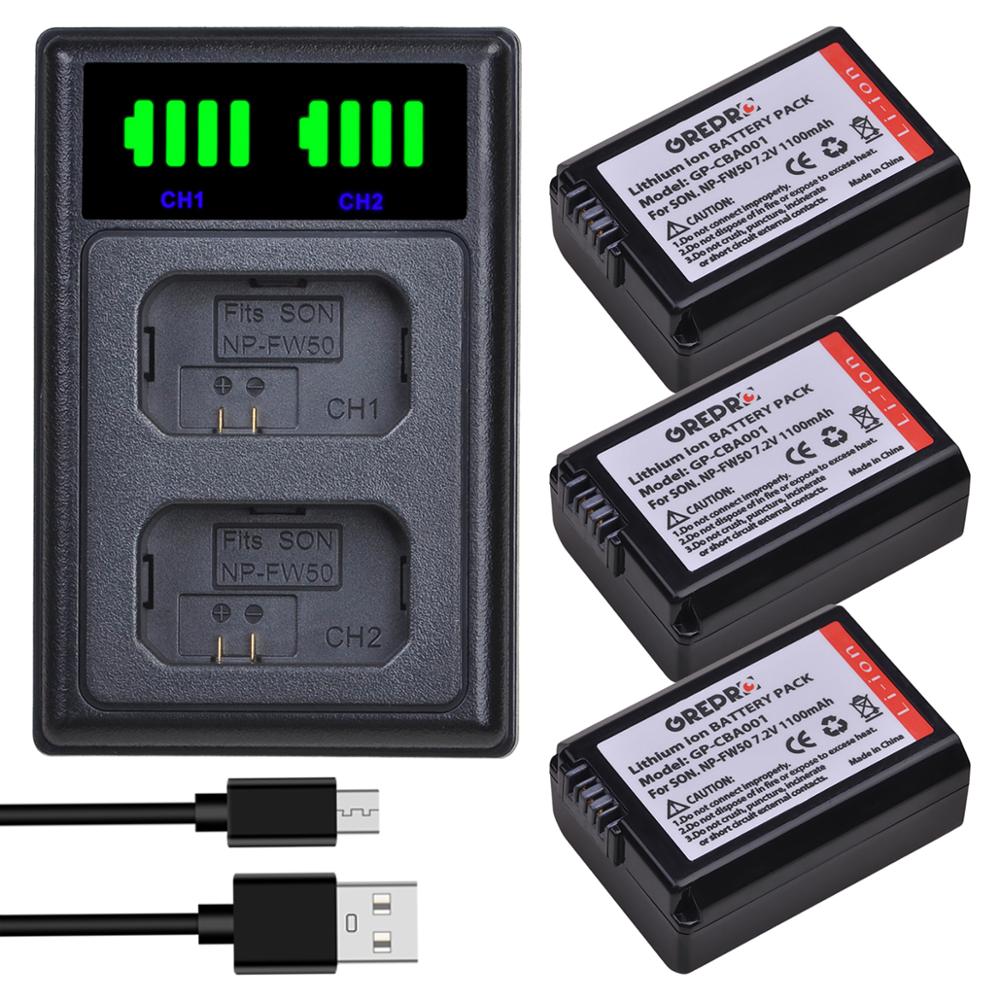 3 pièces NP-FW50 NP FW50 batterie + LED double chargeur avec port type-c pour Sony Alpha a6500 a6300 a6000 a7 7R a7R a7R II a7II NEX-3: 3B with Charger
