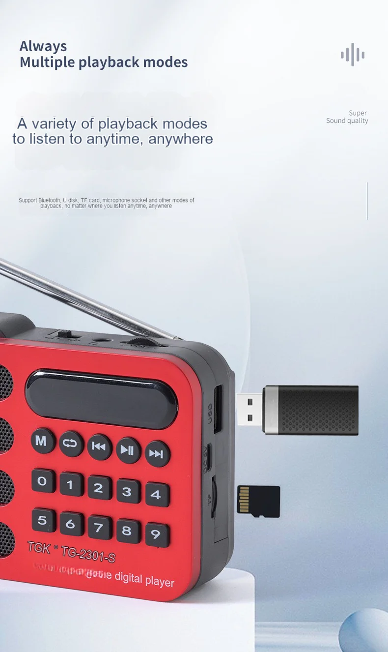 Portable handheld mini FM radio, solar powered charging wireless speaker USB support TF card Bluetooth FM radio receiver