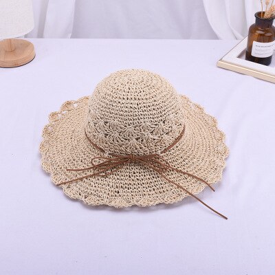 Ymsaid, sombrero redondo de verano para mujer, sombreros de paja de ala ancha tejidos a mano, gorras de Sol de para mujer, sombrero plegable de playa bohemio: beige