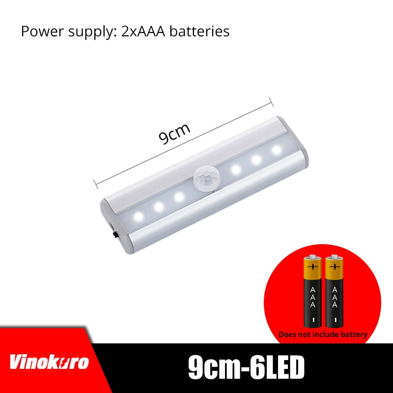 LED veilleuse capteur de mouvement armoire lampe USB Rechargeable placard nuit lampes pour garde-robe cuisine chambre étape éclairage: 9cm-6LED / White light