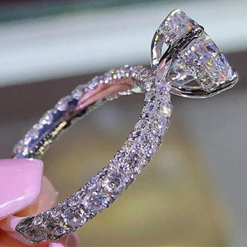 Rings Trendy Crystal Engagement Claws Rings For Women Charms Princess Ring Round Bridal Female Wedding Jewelry: Silver