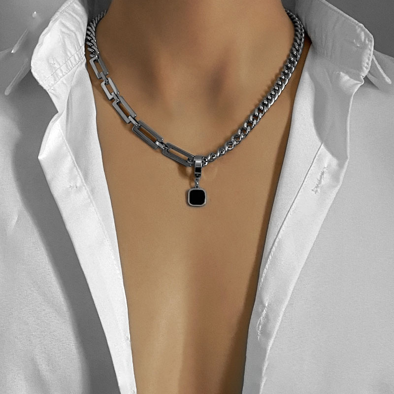 Gargantilla con remaches de cadenas de acero inoxidable para hombre, joyería de cuello Punk de hip hop, cadena de cuello corto con colgante, accesorios góticos: Rodio plateado