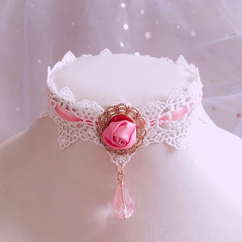 Collier à perles princesse Lolita, dentelle, ras du cou, chaîne de clavicule: rose Red