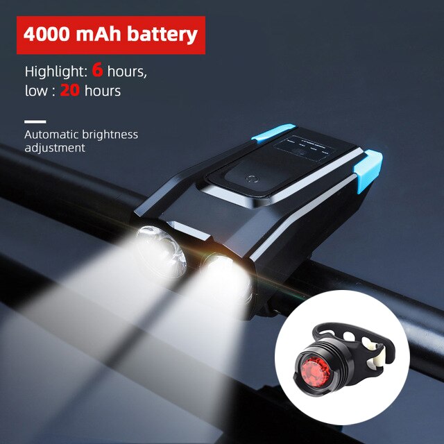 4000 mAh Wasserdichte Fahrrad Licht Mit Horn USB Aufladbare 800 Lumen LED Licht Für Fahrrad Radfahren Vorderseite Lampe Fahrrad Zubehör: 4000 Blau Rückseite