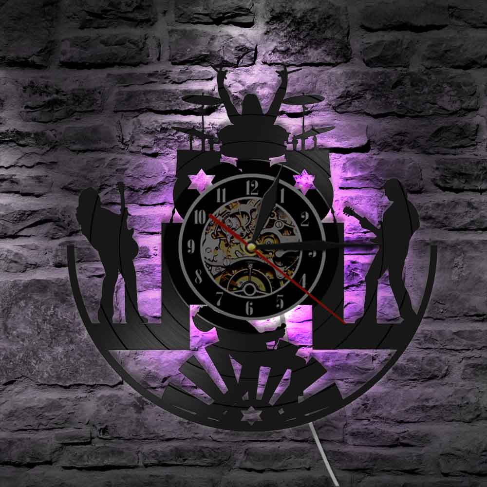 Rock Band Music Group Wall Clock Modern LED Night Light Rock Band Drummer Guitarist Vinyl Record Wall Clock reloj pared