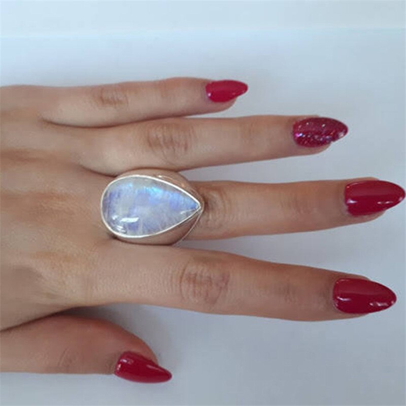 Anillos de piedra lunar Vintage para mujer, anillo grande a la , joyas de plata para dedo para mujer, anillo para de compromiso, para mujer