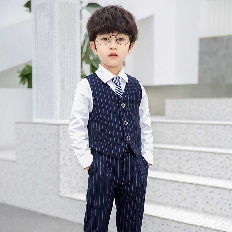 Children Formal Suits Flower Boys Wedding Party Performance Host Costume School Kids Striped Blazer Vest Pants 3pcs Outfits
