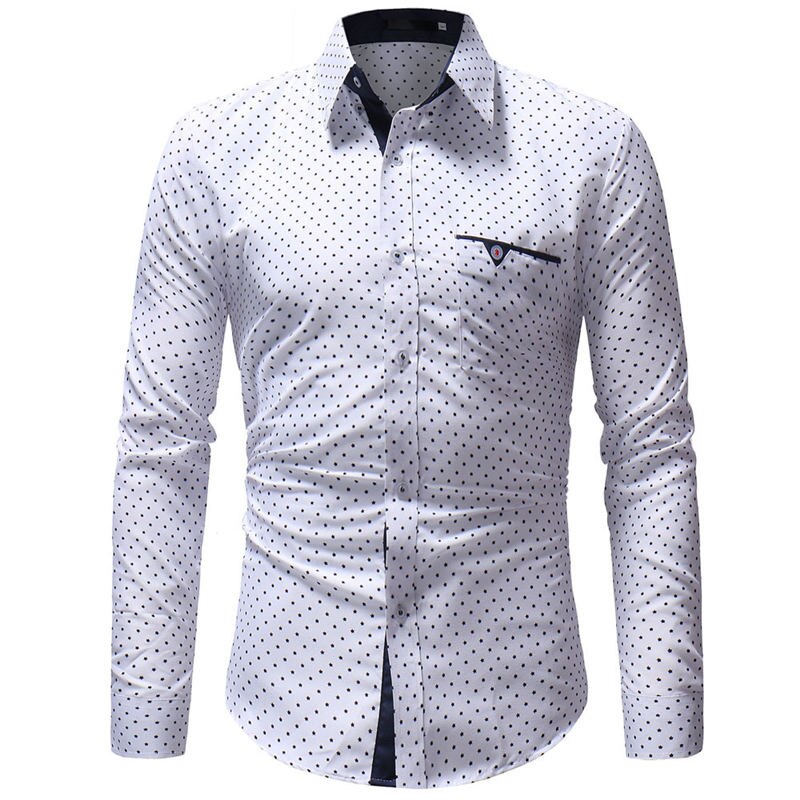 Mænds skjorter herre polyester toppe mænd efterår afslappet formel polka dot slim fit langærmet kjole skjorte herre skjorte stil  #30: Hvid / Xl