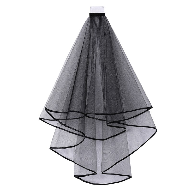 White Ivory Red Black Pink Wedding Veils With Comb Ribbon Edge Bridal Veils 2 Layer Bride Accessories Voile Mariage Welon Slubny: Black