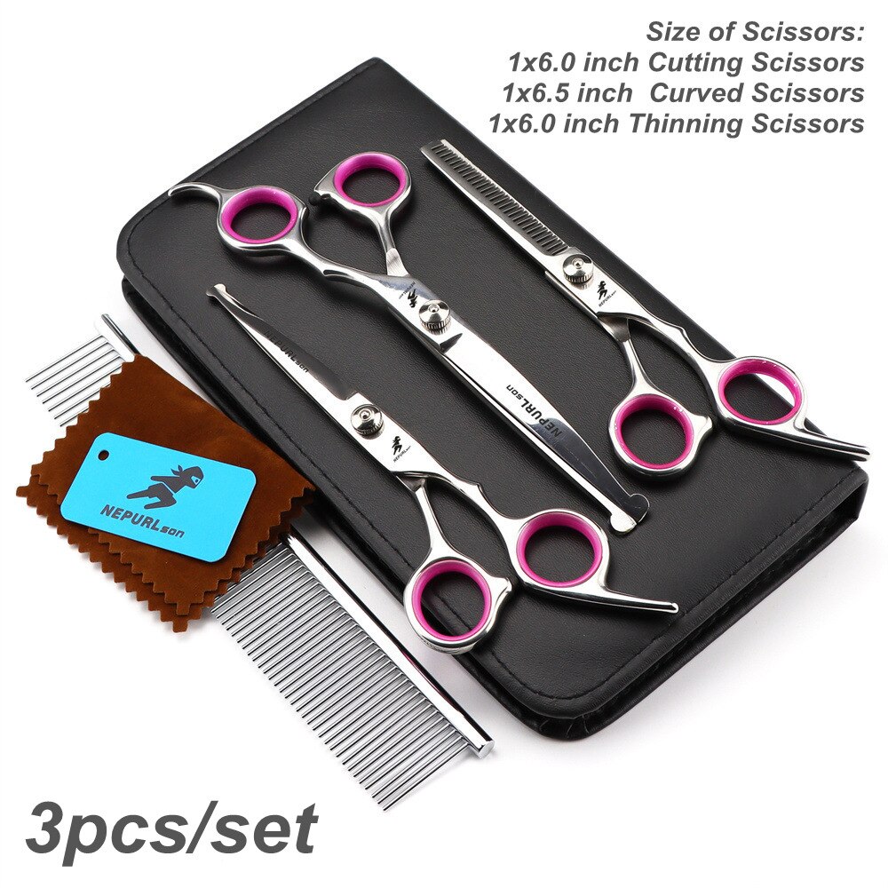 Safety Pet Grooming Scissors Round Head Tips Stainless Steel Pets Shears Dog Scissors Set Hair Cutting Curved Thinning Tools Kit: 3pcs Set