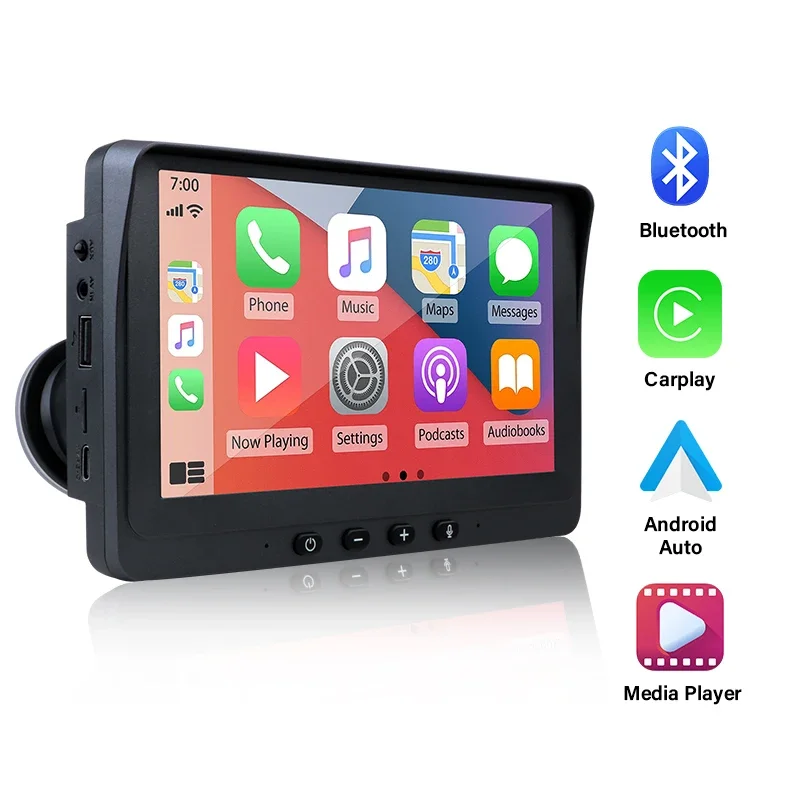Bärbar 7- tums multimediaspelare med trådlös carplay, android auto-pekskärm med usb-aux, dubbel bluetooth-stereo, bilradio: Default Title