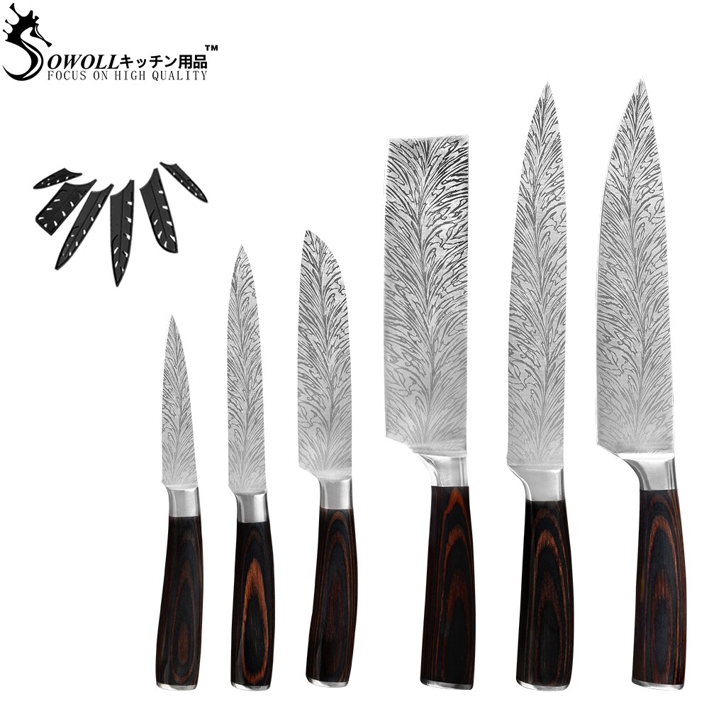Sowoll couteaux porte-couteau mural magnétique | Ensemble de couteaux de Chef de cuisine, lame tranchante en acier inoxydable, porte-couteau damas veines lame tranchante: E.6PCS SET B