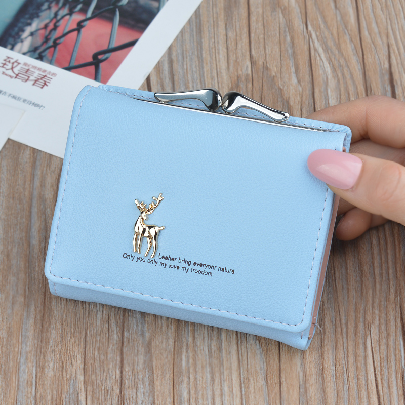 Cute Wallets Leather Women Wallets Short Wallet Student Coin Purse Card Holder Ladies Clutch Bag Small Deer Female Purse: Blue