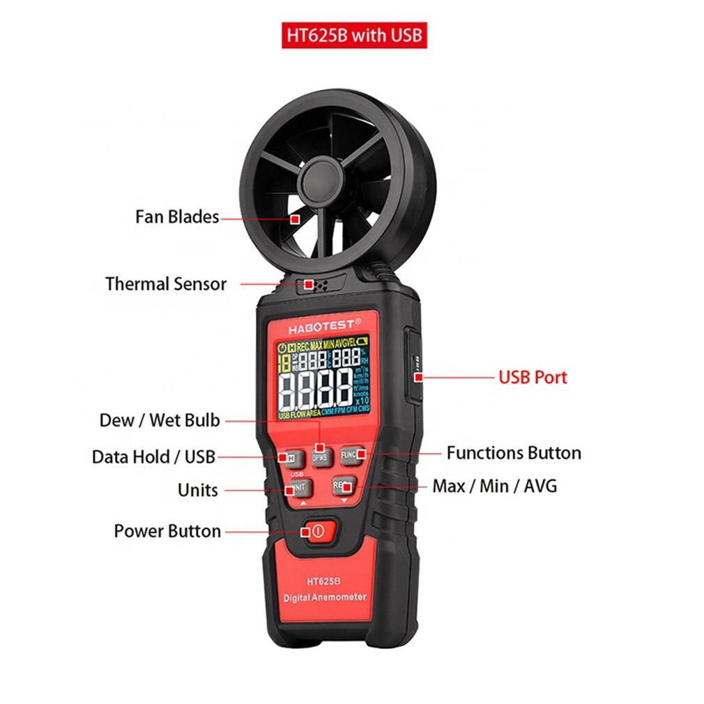 Digitale Windmeters Habotest HT625B Handheld Kleur Display Wind Gauge Meter Air Volume Speed Schaal Max Min Avg Meten