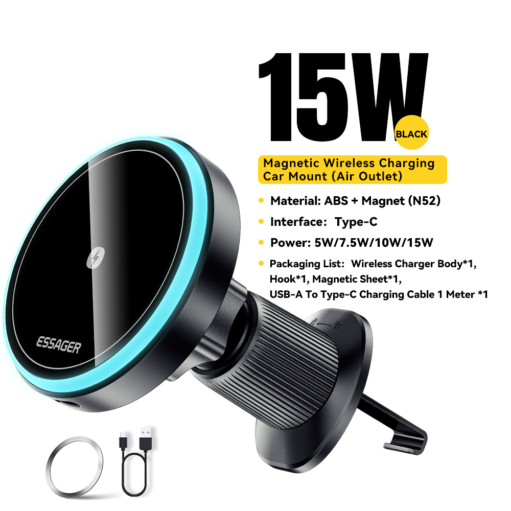 Magnetyczny uchwyt samochodowy Essager na telefon 15W Bezprzewodowa ładowarka do iPhone'a 15 14 13 Pro Max Ładowarka samochodowa do Magsafe LED Light: YELLOW