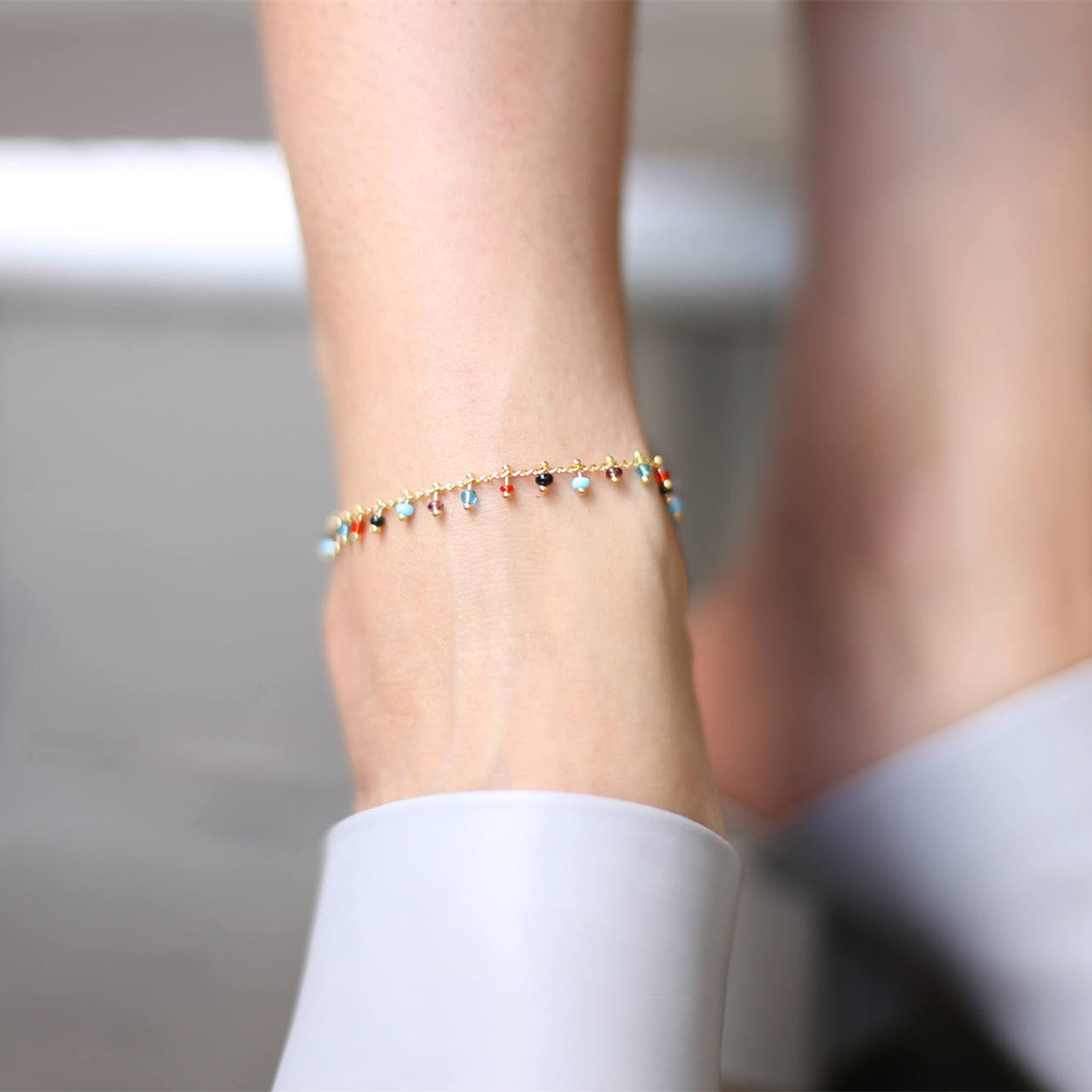 Kleurrijke Kristallen Kraal Enkelbandje Voor Vrouwen Strand Sexy Goud Kleur Voet Ketting Op De Been Mode Enkelband sieraden
